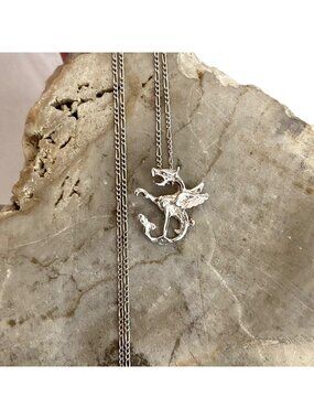 Sterling Silver 925 Unisex Mystic Dragon Pendant Necklace 20" Figaro Chain